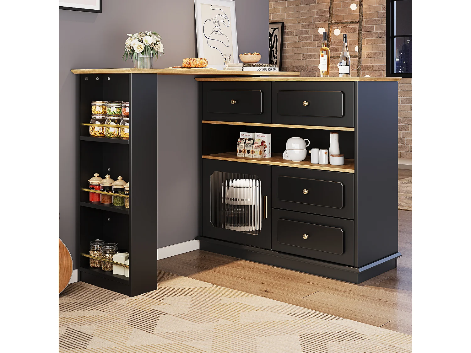 Meuble de bar rotatif extensible - 181 x 39 x 104.5 - avec étagères + 1 porte verre + 4 tiroirs - MDF - noir.