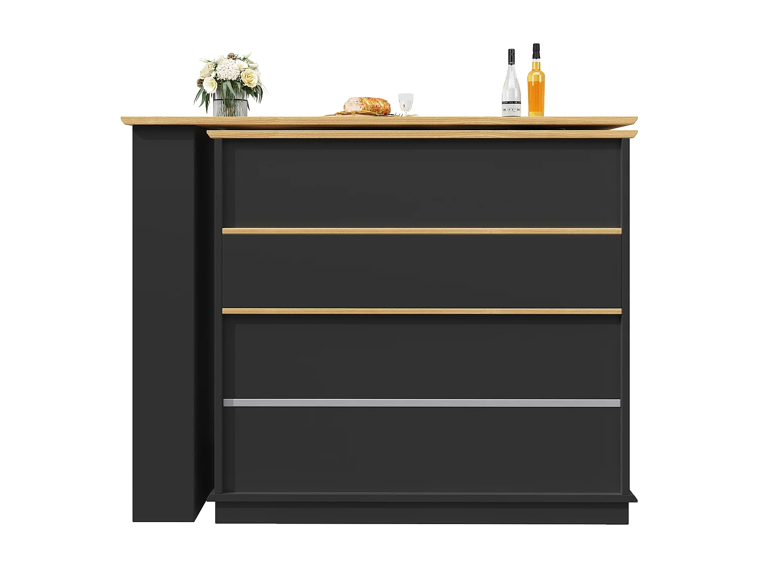 Meuble de bar rotatif extensible - 181 x 39 x 104.5 - avec étagères + 1 porte verre + 4 tiroirs - MDF - noir.