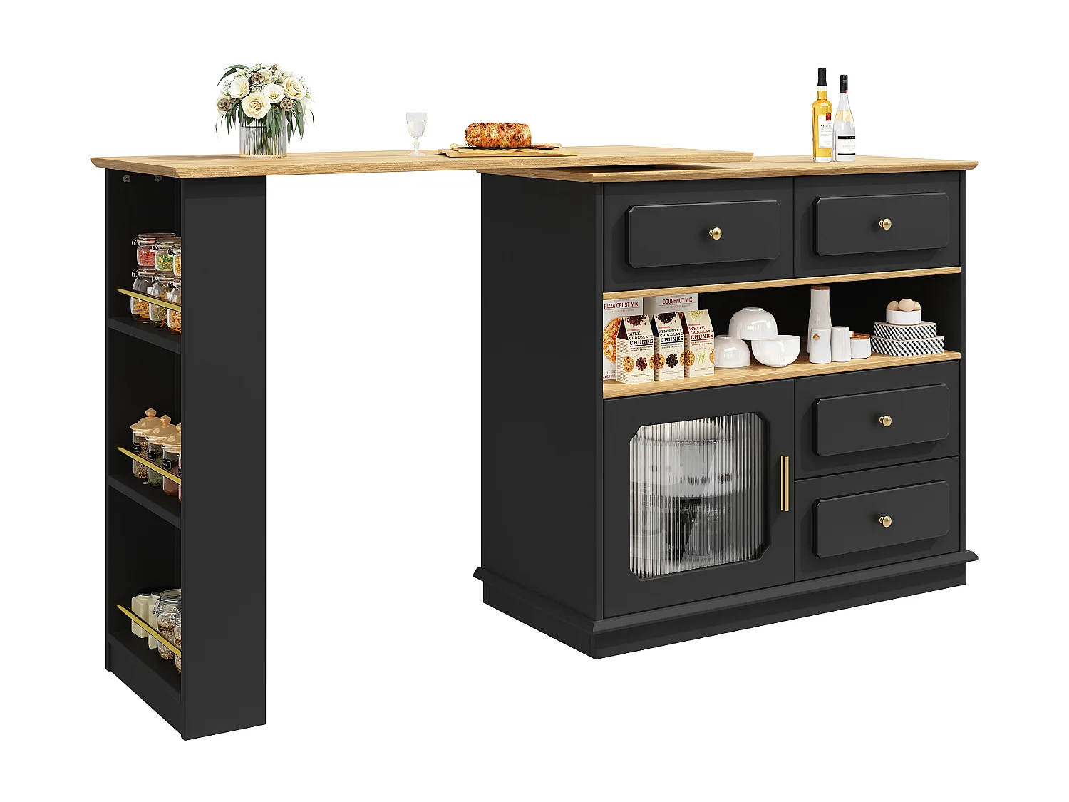 Meuble de bar rotatif extensible - 181 x 39 x 104.5 - avec étagères + 1 porte verre + 4 tiroirs - MDF - noir.