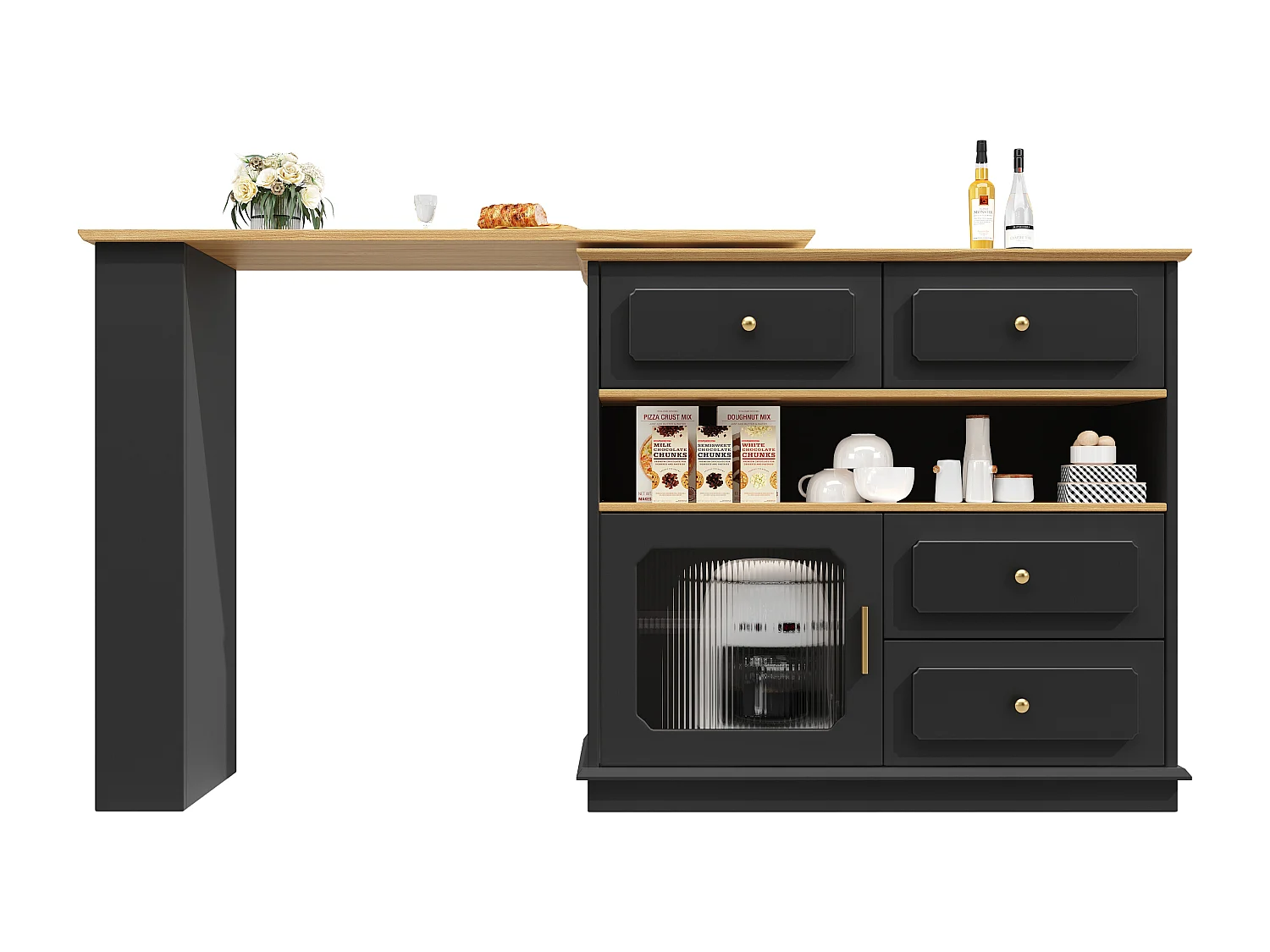 Meuble de bar rotatif extensible - 181 x 39 x 104.5 - avec étagères + 1 porte verre + 4 tiroirs - MDF - noir.