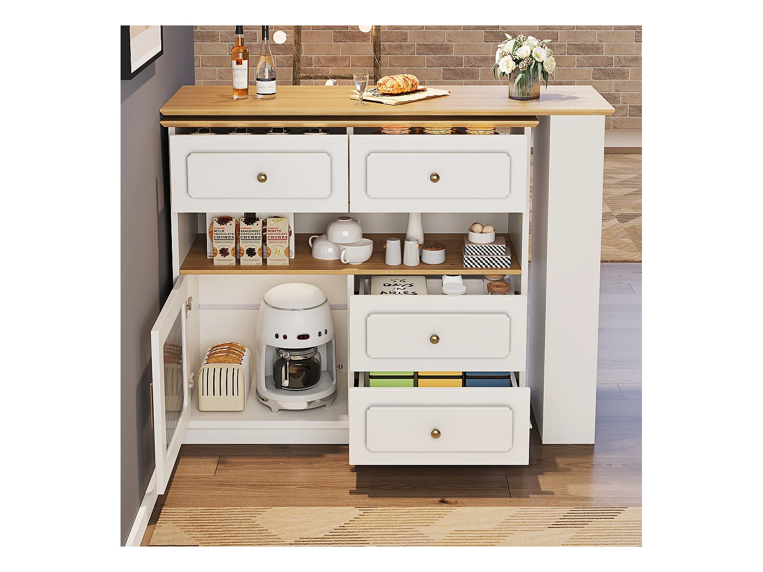 Uitschuifbare barkast met draaiplateau - 181 x 39 x 104,5 cm - met planken + 1 glazen deur + 4 laden - MDF - wit.