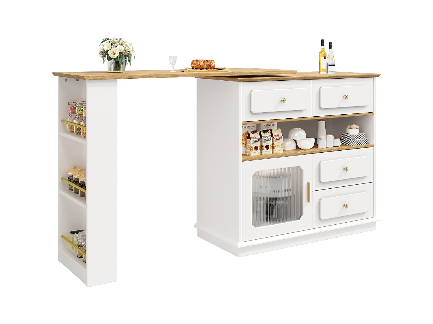 Uitschuifbare barkast met draaiplateau - 181 x 39 x 104,5 cm - met planken + 1 glazen deur + 4 laden - MDF - wit.