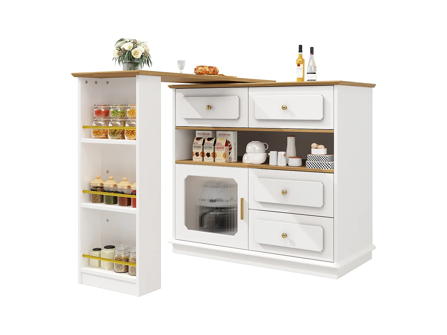 Uitschuifbare barkast met draaiplateau - 181 x 39 x 104,5 cm - met planken + 1 glazen deur + 4 laden - MDF - wit.