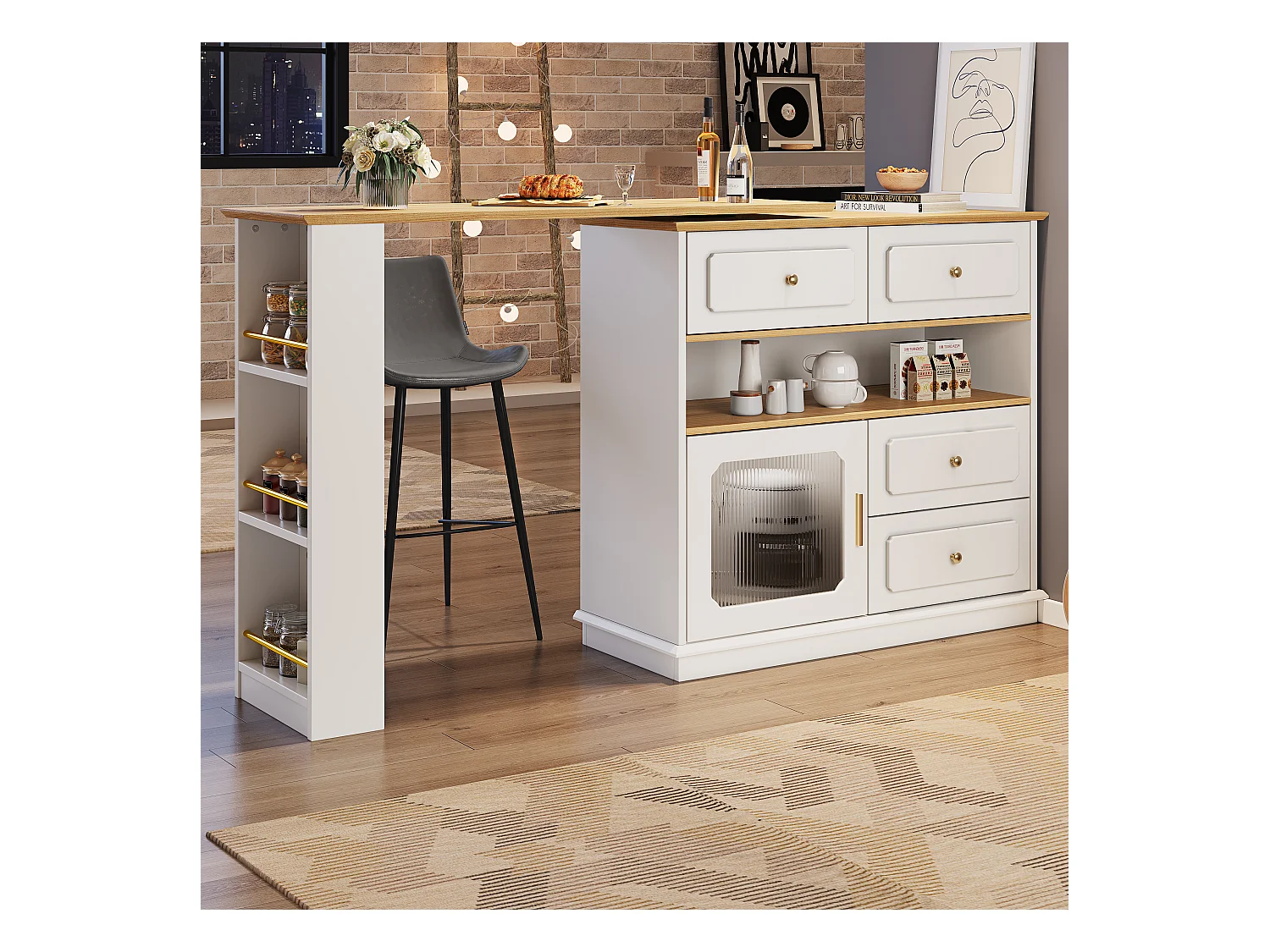 Meuble de bar rotatif extensible - 181 x 39 x 104.5 - avec étagères + 1 porte verre + 4 tiroirs - MDF - blanc.