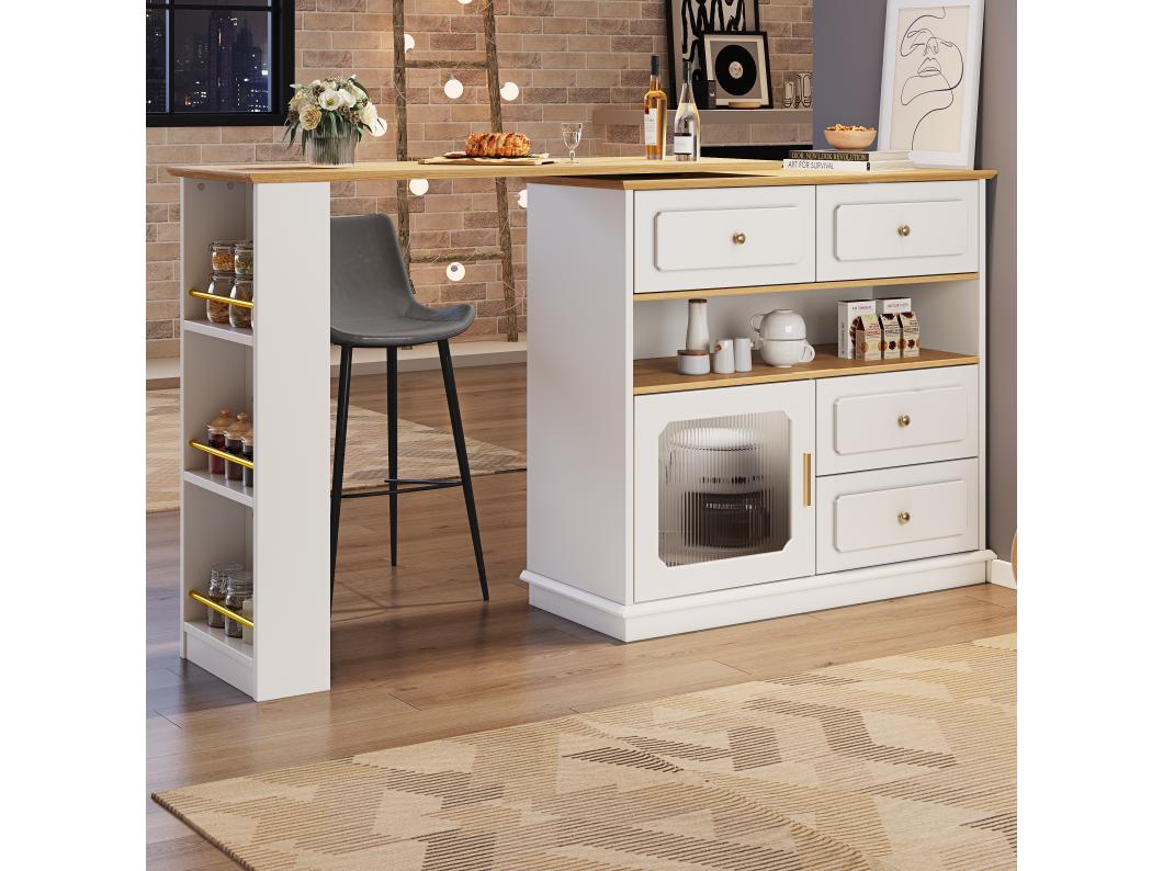 Uitschuifbare barkast met draaiplateau - 181 x 39 x 104,5 cm - met planken + 1 glazen deur + 4 laden - MDF - wit.