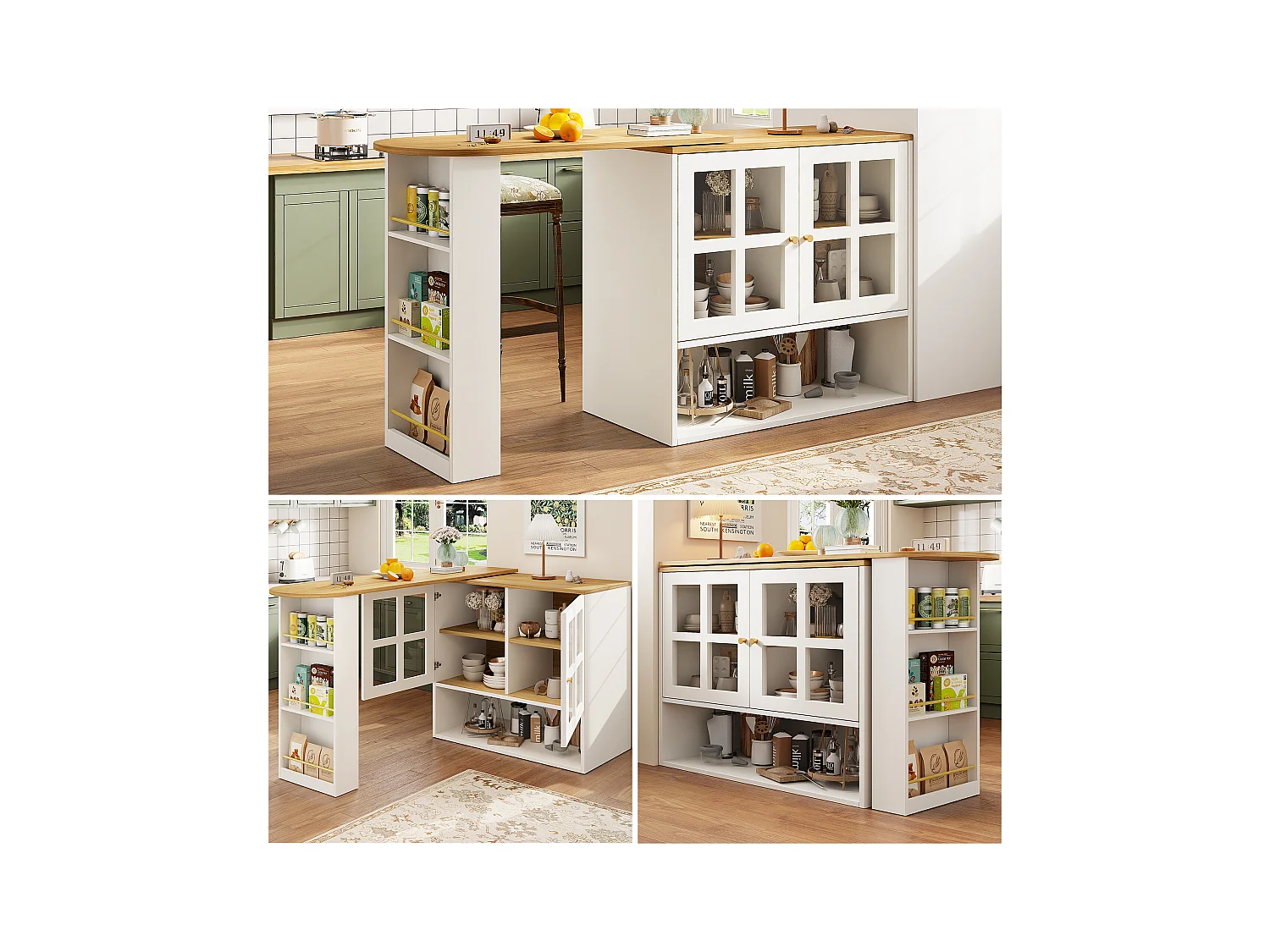 Meuble de bar rotatif - 204 x 39 x 102. 5 cm - avec 4 rangements + 2 portes - MDF - blanc