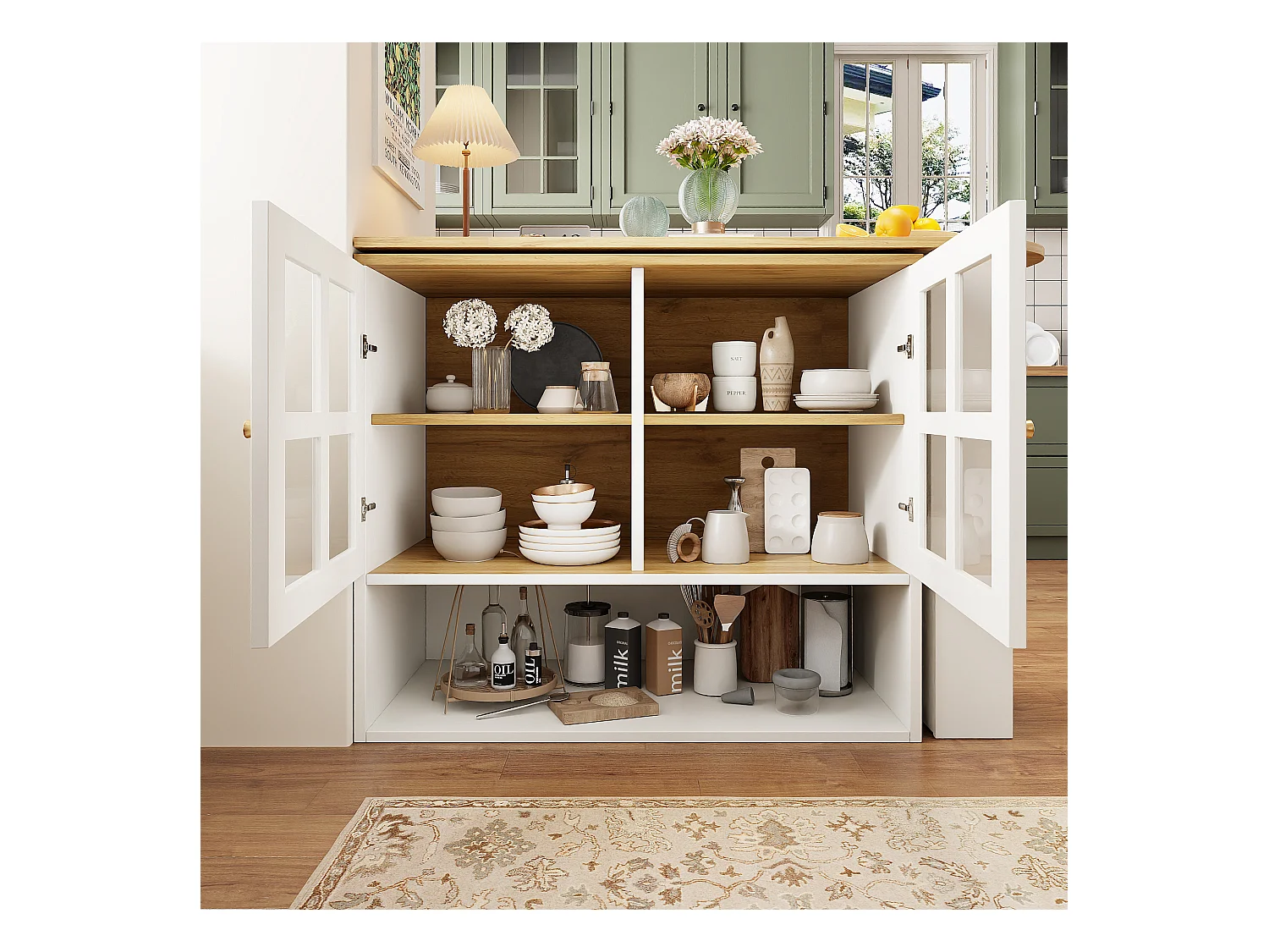 Meuble de bar rotatif - 204 x 39 x 102. 5 cm - avec 4 rangements + 2 portes - MDF - blanc