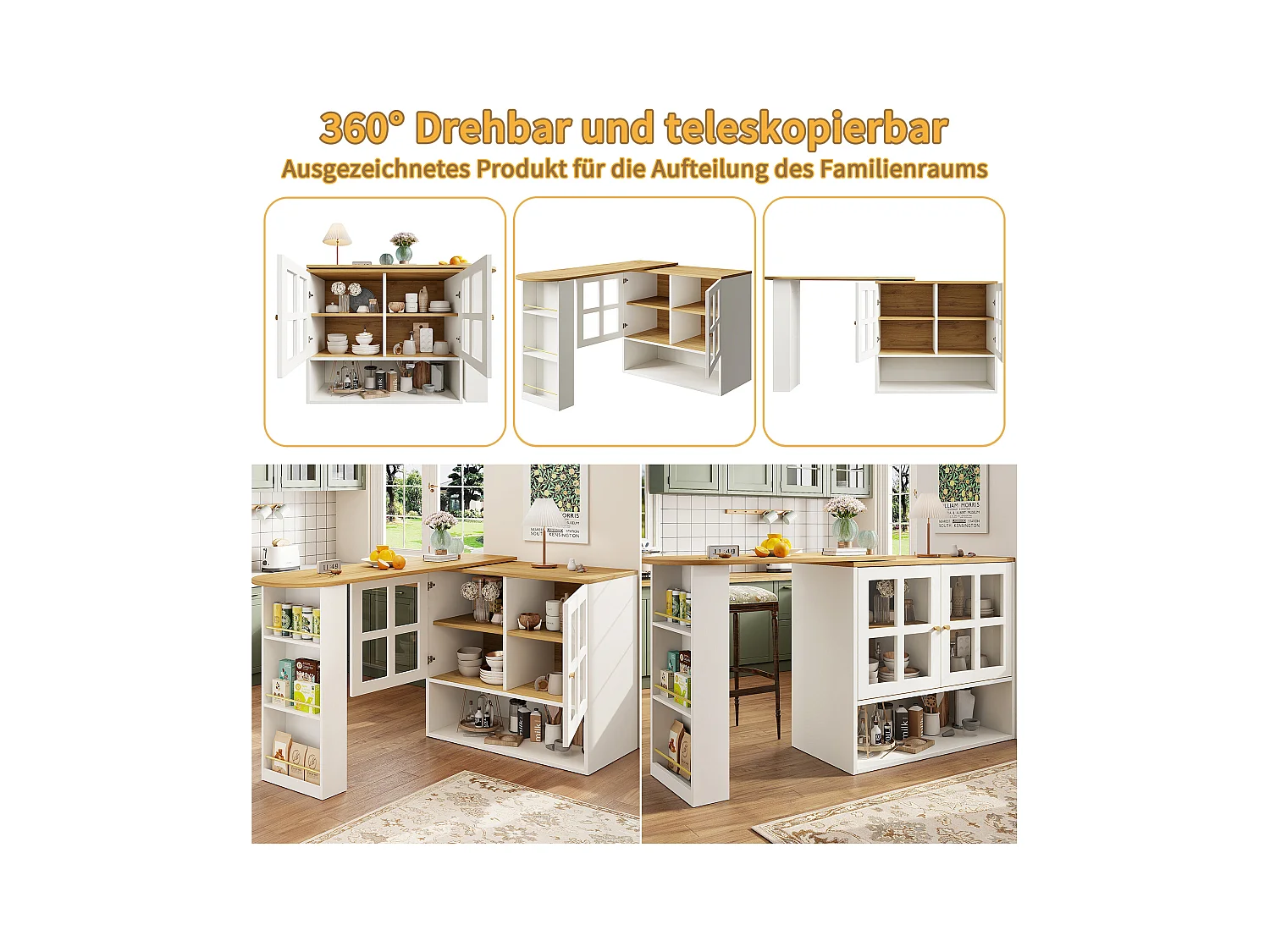 Meuble de bar rotatif - 204 x 39 x 102. 5 cm - avec 4 rangements + 2 portes - MDF - blanc