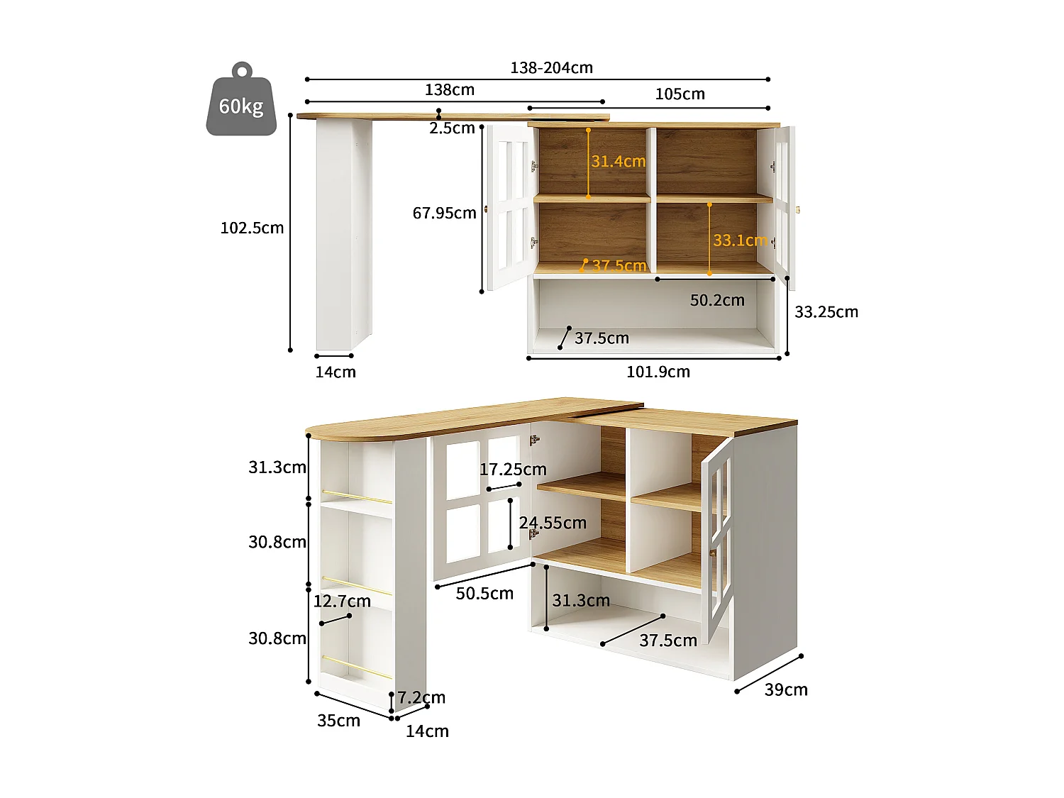 Meuble de bar rotatif - 204 x 39 x 102. 5 cm - avec 4 rangements + 2 portes - MDF - blanc
