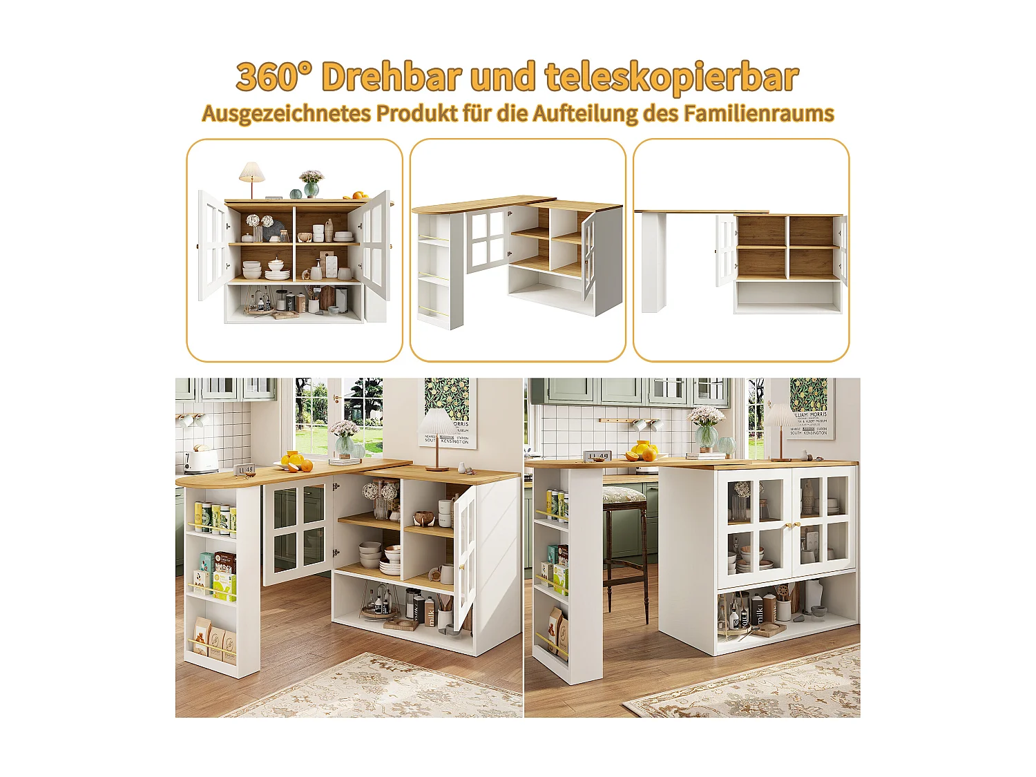 Meuble de bar rotatif - 204 x 39 x 102. 5 cm - avec 4 rangements + 2 portes - MDF - blanc