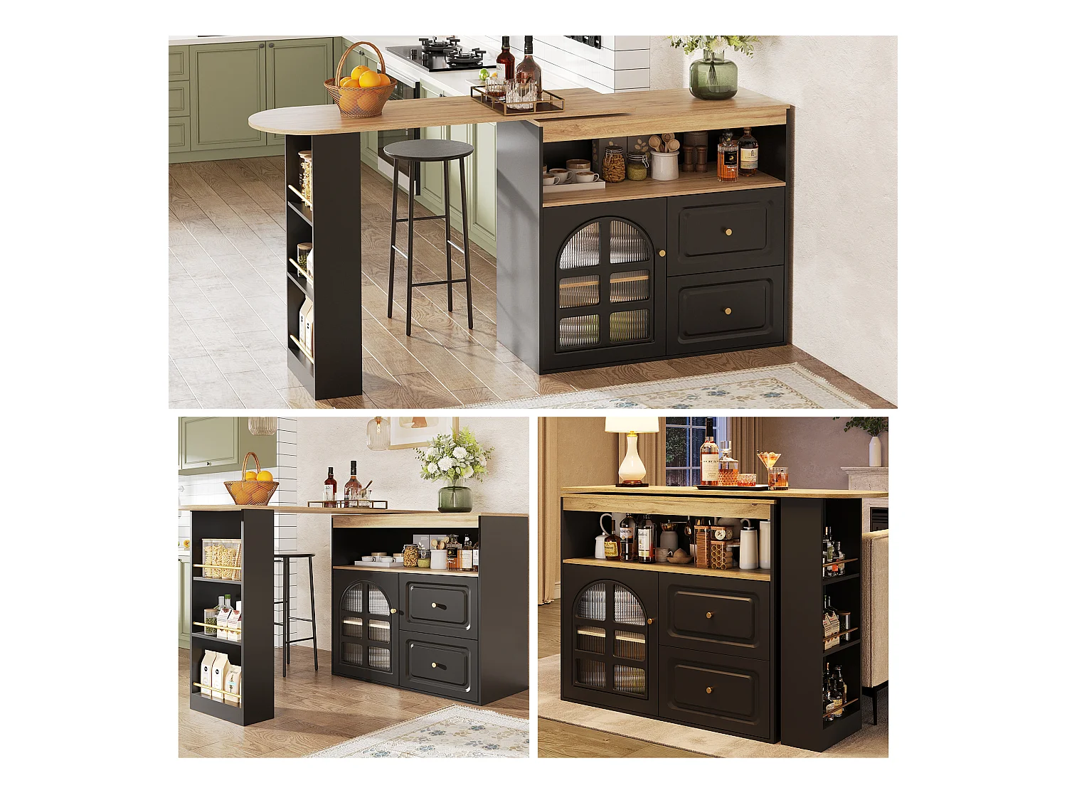 Meuble de bar rotatif - 204 x 39 x 104 cm - avec 2 tirois + 1 portes + 3 étagère à collation - MDF - noir