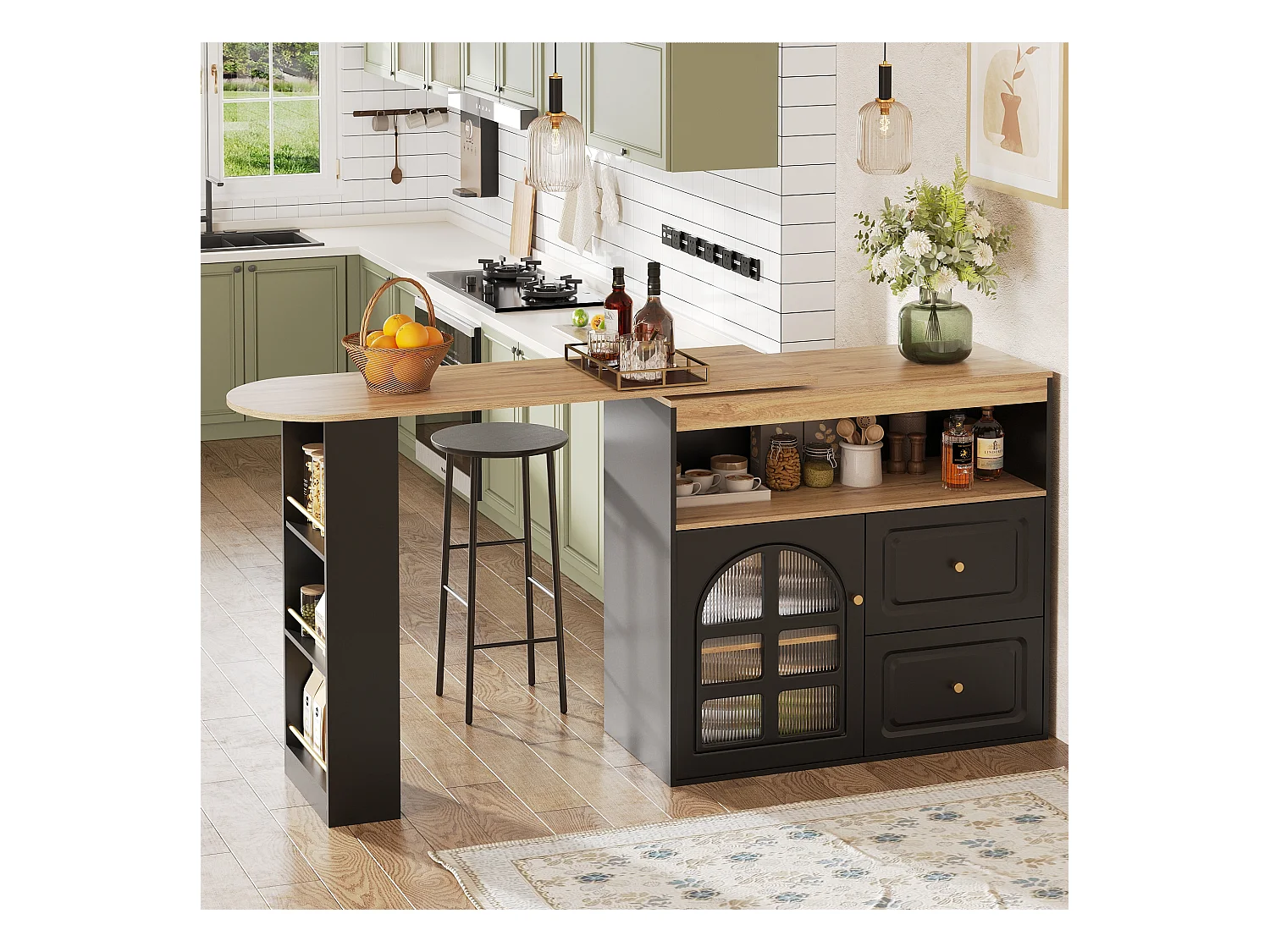 Meuble de bar rotatif - 204 x 39 x 104 cm - avec 2 tirois + 1 portes + 3 étagère à collation - MDF - noir