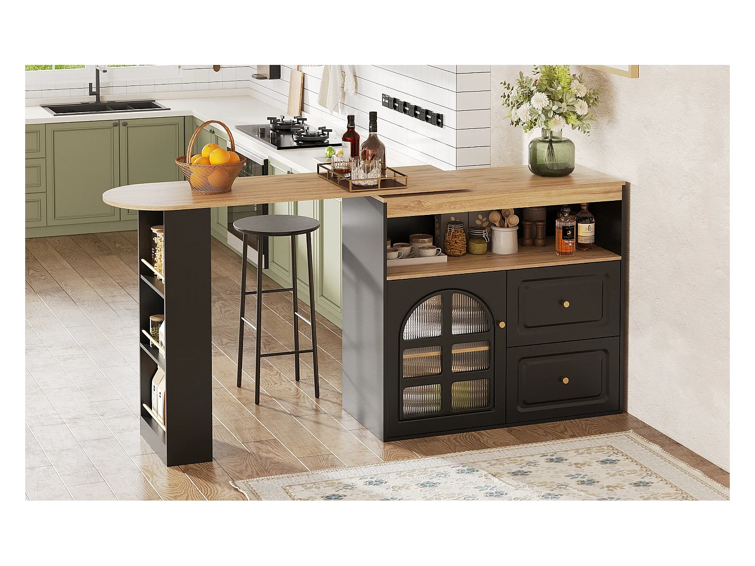 Meuble de bar rotatif - 204 x 39 x 104 cm - avec 2 tirois + 1 portes + 3 étagère à collation - MDF - noir