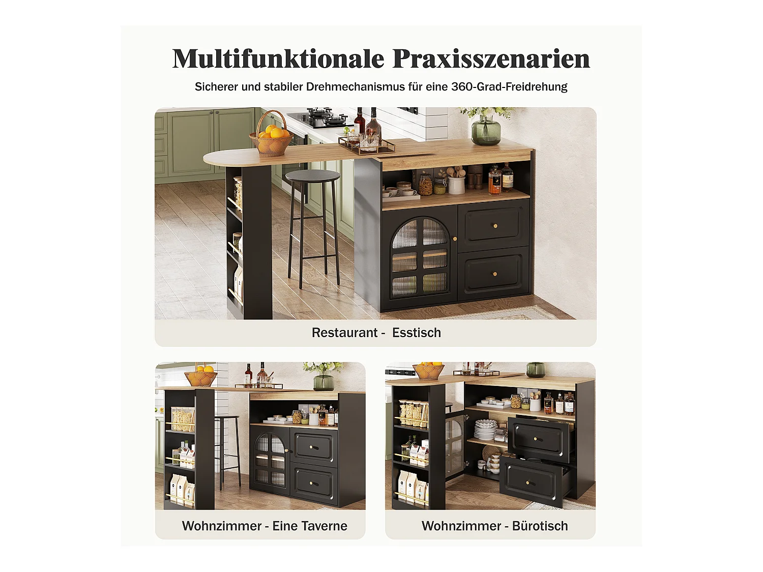 Meuble de bar rotatif - 204 x 39 x 104 cm - avec 2 tirois + 1 portes + 3 étagère à collation - MDF - noir