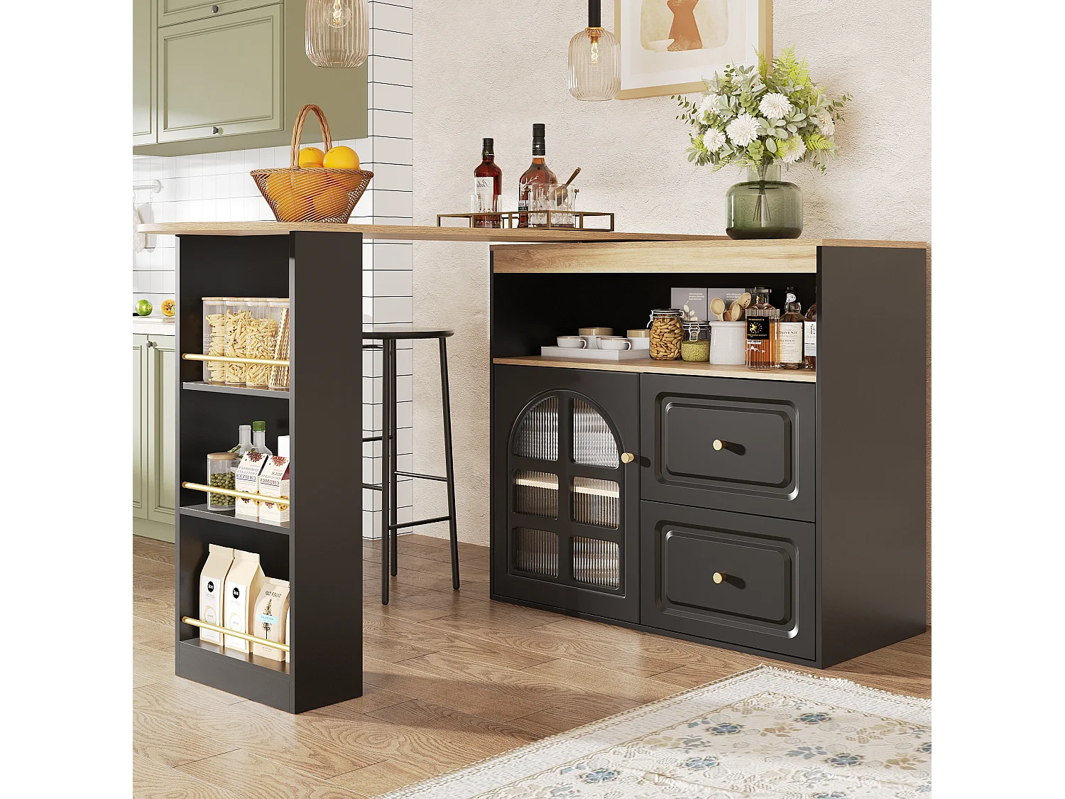 Meuble de bar rotatif - 204 x 39 x 104 cm - avec 2 tirois + 1 portes + 3 étagère à collation - MDF - noir