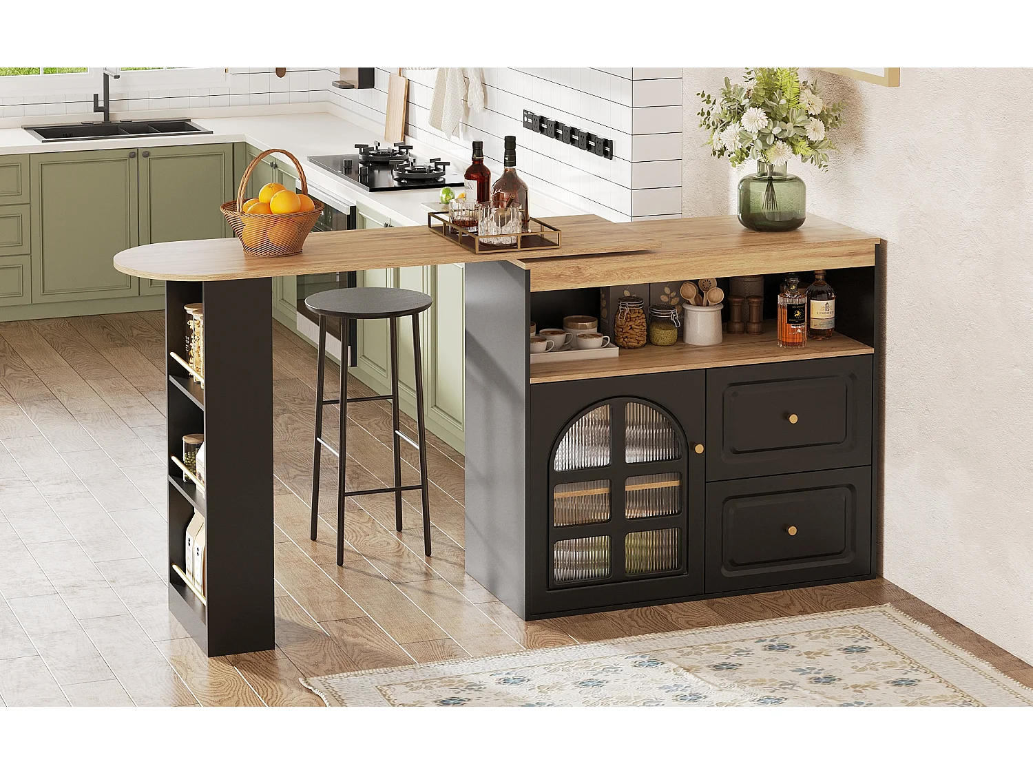 Meuble de bar rotatif - 204 x 39 x 104 cm - avec 2 tirois + 1 portes + 3 étagère à collation - MDF - noir