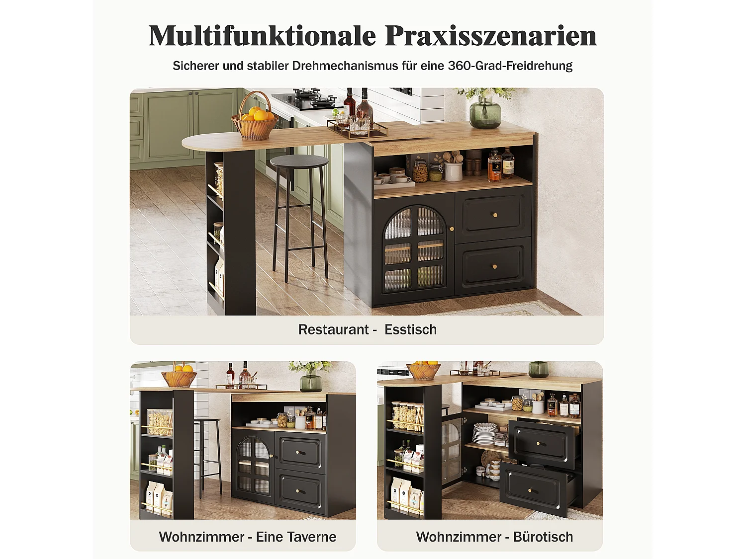 Meuble de bar rotatif - 204 x 39 x 104 cm - avec 2 tirois + 1 portes + 3 étagère à collation - MDF - noir