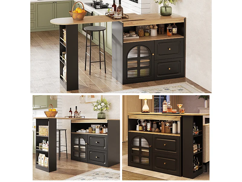 Armário de bar giratório - 204 x 39 x 104 cm - com 2 gavetas + 1 porta + 3 prateleiras para lanches - MDF - preto