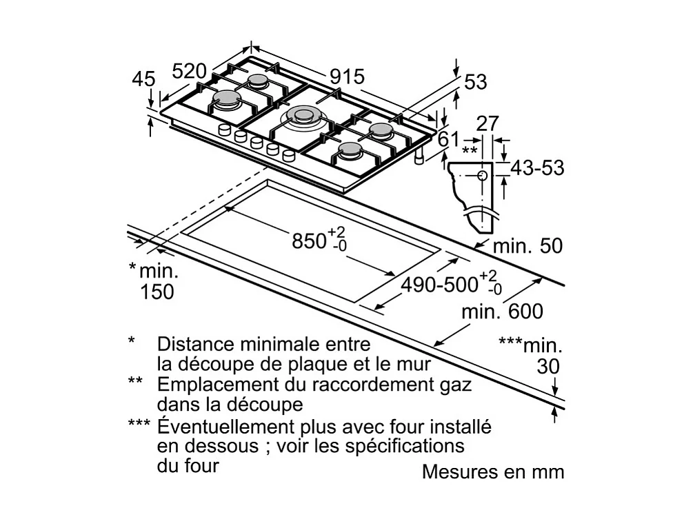 Siemens Table de cuisson gaz 90cm 5 feux 12500w - EC9A5RI90