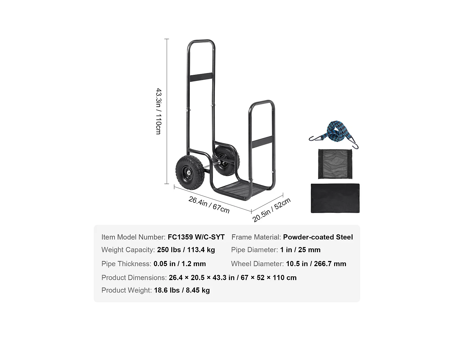 Carrello per Legna da Ardere SucceBuy, Capacità 113,4 kg, Carrello per Legna con Ruote in PU, Carrello