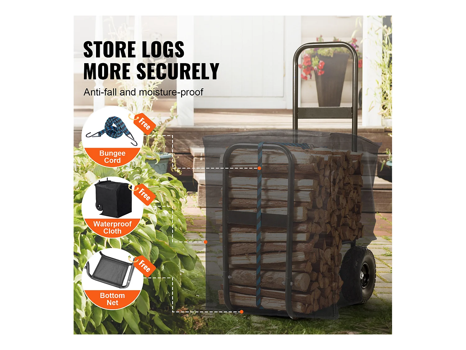 Carrello per Legna da Ardere SucceBuy, Capacità 113,4 kg, Carrello per Legna con Ruote in PU, Carrello