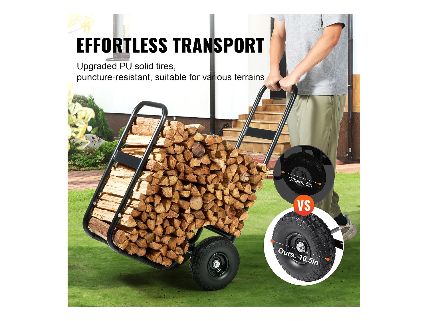 Carrello per Legna da Ardere SucceBuy, Capacità 113,4 kg, Carrello per Legna con Ruote in PU, Carrello