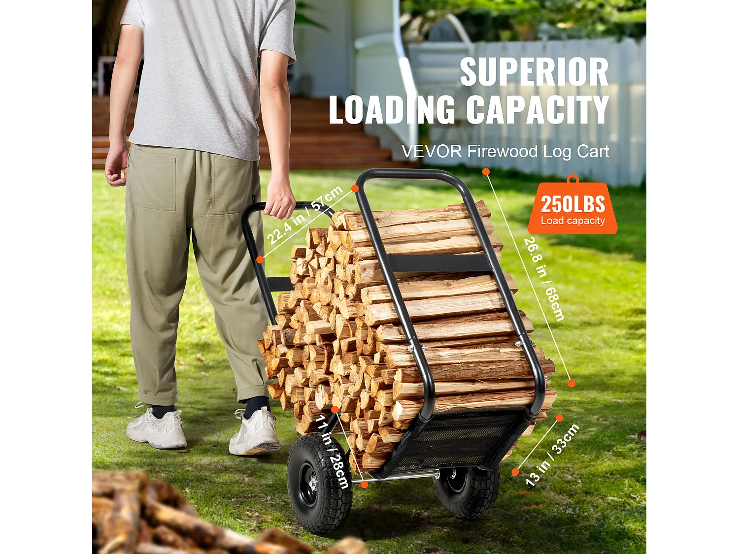 Chariot à Bûches, SucceBuy Chariot à Bûches de Bois de Chauffage, Capacité de 113,4 kg, Transporteur de Bois sur Roues en PU, Dolly