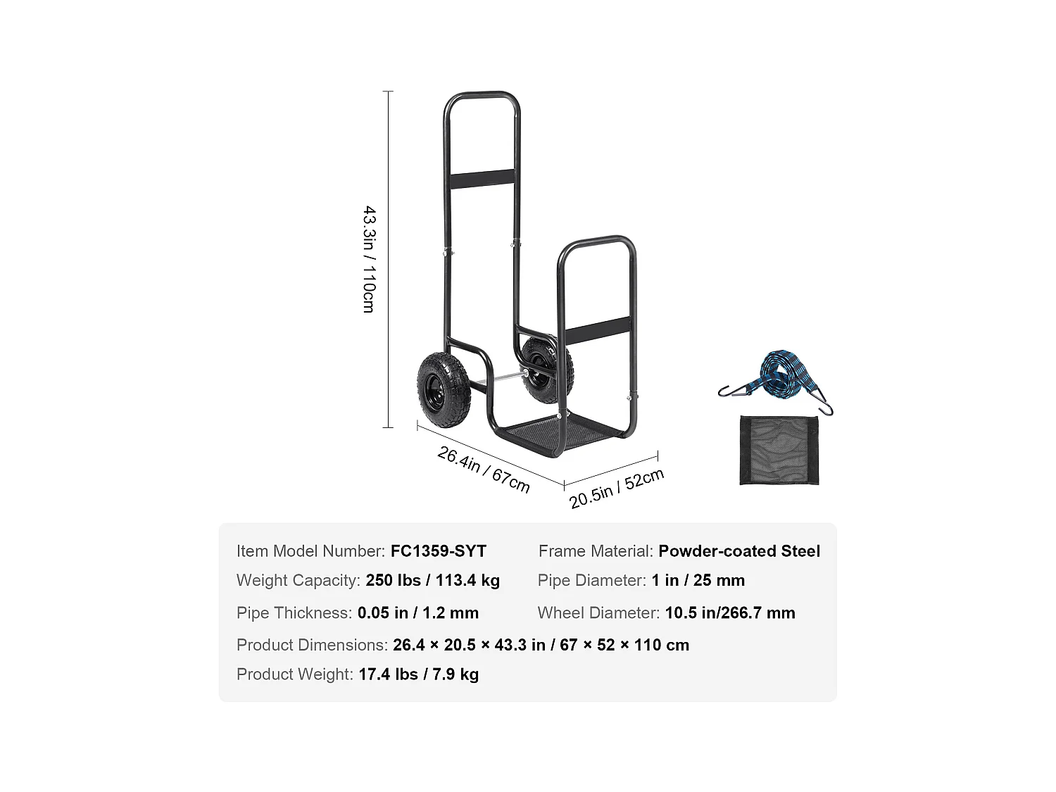 Chariot à Bûches, SucceBuy Chariot à Bois de Chauffage en Acier de 113 kg, Intérieur/Extérieur, Roues Pneumatiques, Chariot à Bois, Porte-Cheminée/Fosse, Noir