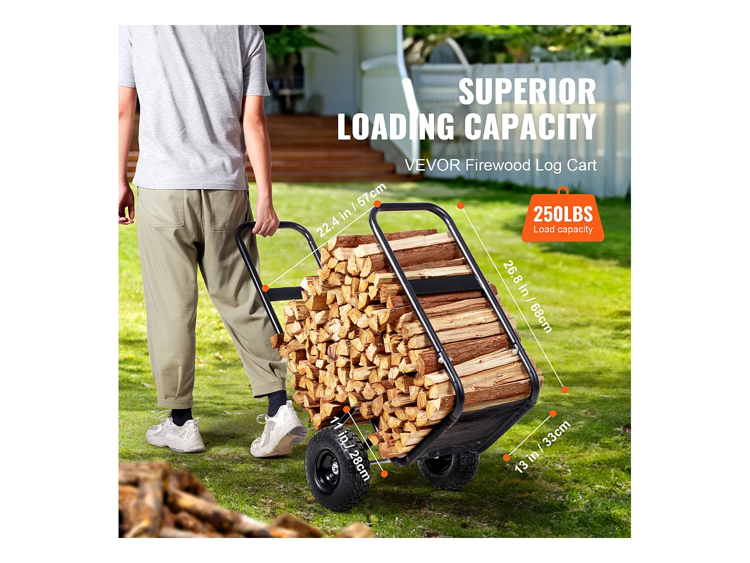 Chariot à Bûches, SucceBuy Chariot à Bois de Chauffage en Acier de 113 kg, Intérieur/Extérieur, Roues Pneumatiques, Chariot à Bois, Porte-Cheminée/Fosse, Noir