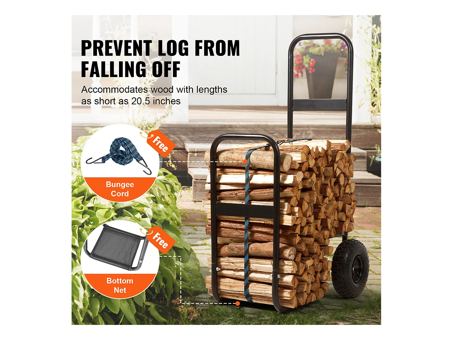 Chariot à Bûches, SucceBuy Chariot à Bois de Chauffage en Acier de 113 kg, Intérieur/Extérieur, Roues Pneumatiques, Chariot à Bois, Porte-Cheminée/Fosse, Noir
