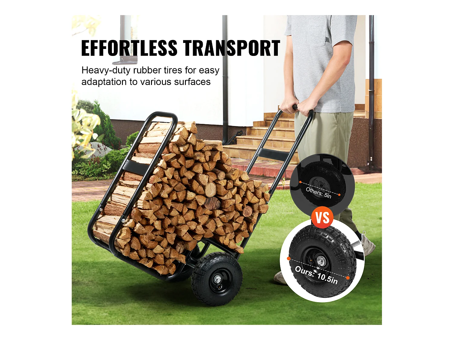 Chariot à Bûches, SucceBuy Chariot à Bois de Chauffage en Acier de 113 kg, Intérieur/Extérieur, Roues Pneumatiques, Chariot à Bois, Porte-Cheminée/Fosse, Noir