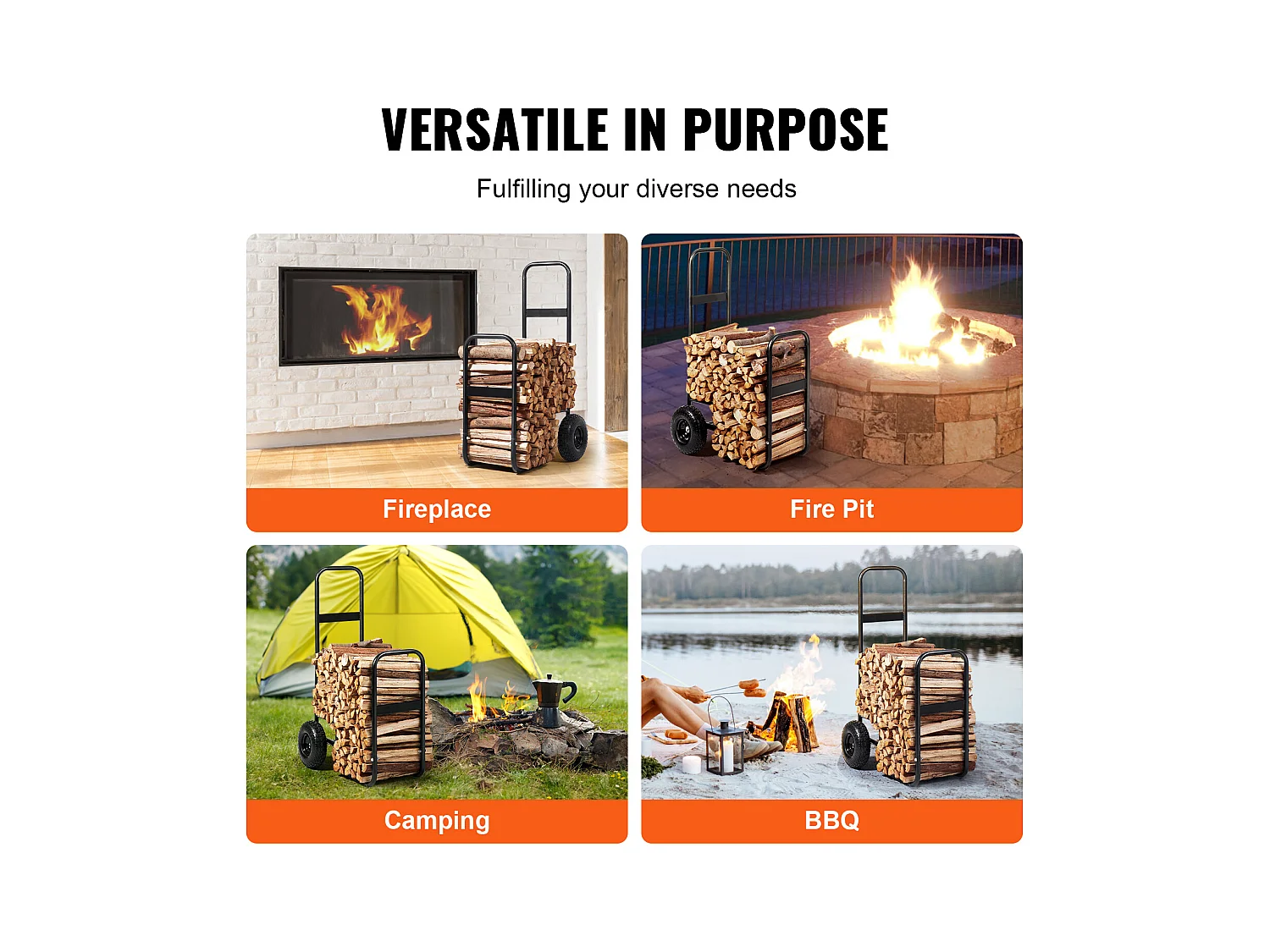 Chariot à Bûches, SucceBuy Chariot à Bois de Chauffage en Acier de 113 kg, Intérieur/Extérieur, Roues Pneumatiques, Chariot à Bois, Porte-Cheminée/Fosse, Noir