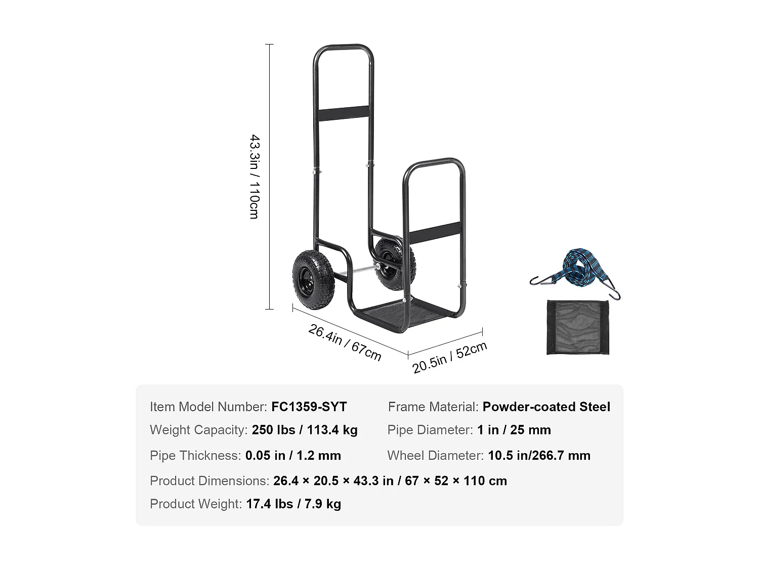Chariot à Bûches, SucceBuy Chariot à Bois de Chauffage en Acier de 113 kg, Intérieur/Extérieur, Roues Pneumatiques, Chariot à Bois, Porte-Cheminée/Fosse, Noir