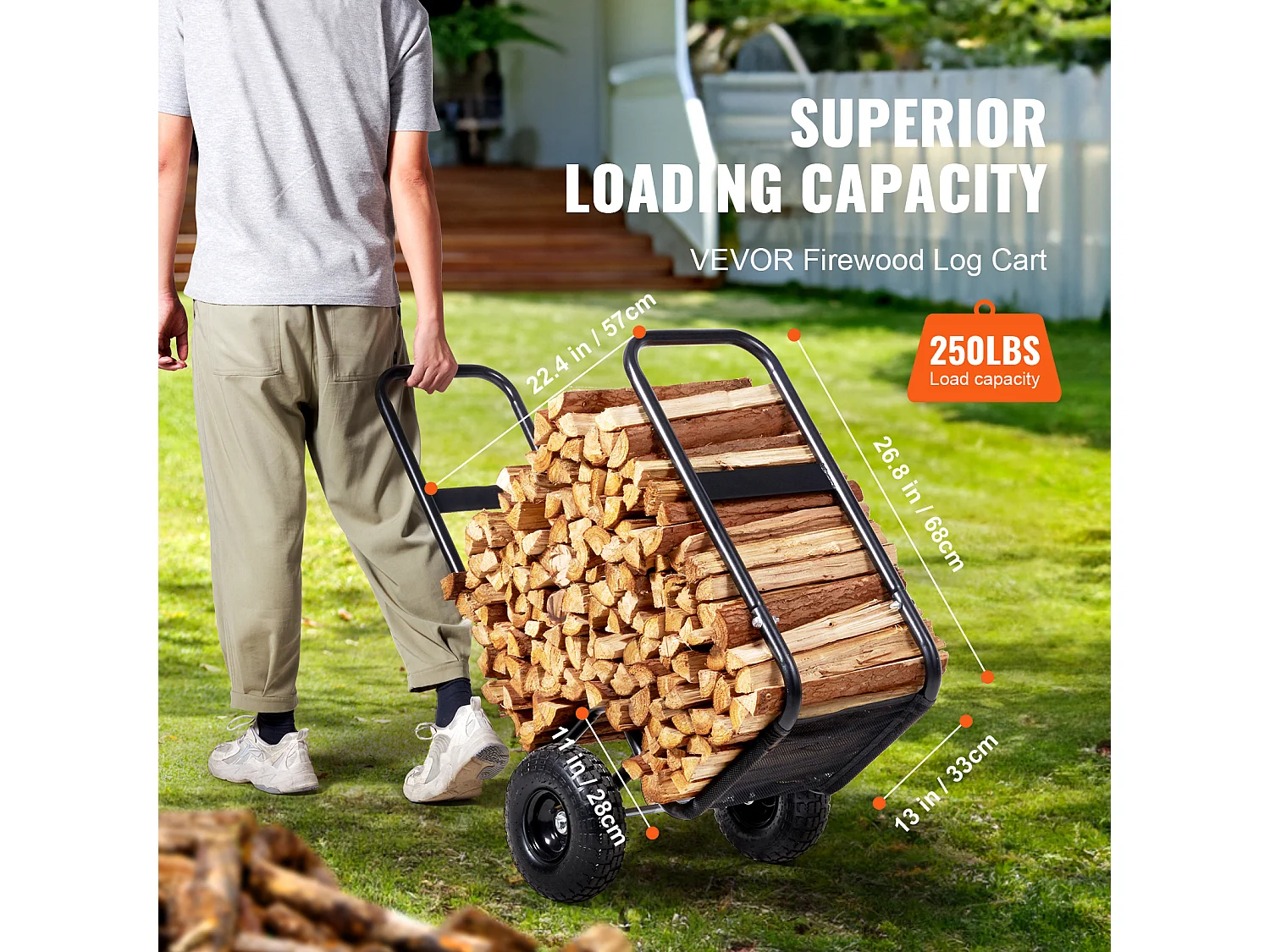 Chariot à Bûches, SucceBuy Chariot à Bois de Chauffage en Acier de 113 kg, Intérieur/Extérieur, Roues Pneumatiques, Chariot à Bois, Porte-Cheminée/Fosse, Noir