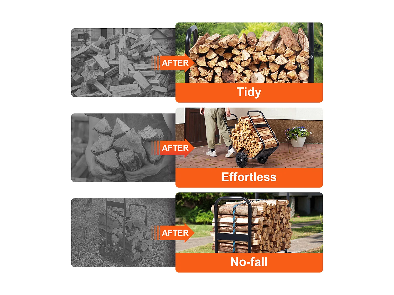 Chariot à Bûches, SucceBuy Chariot à Bois de Chauffage en Acier de 113 kg, Intérieur/Extérieur, Roues Pneumatiques, Chariot à Bois, Porte-Cheminée/Fosse, Noir