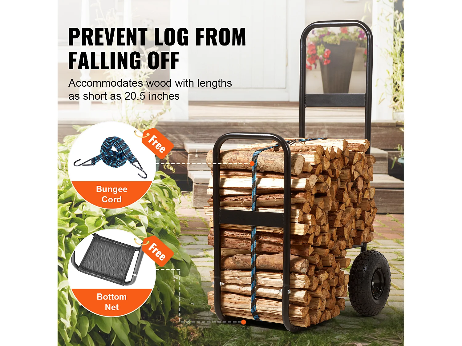 Chariot à Bûches, SucceBuy Chariot à Bois de Chauffage en Acier de 113 kg, Intérieur/Extérieur, Roues Pneumatiques, Chariot à Bois, Porte-Cheminée/Fosse, Noir