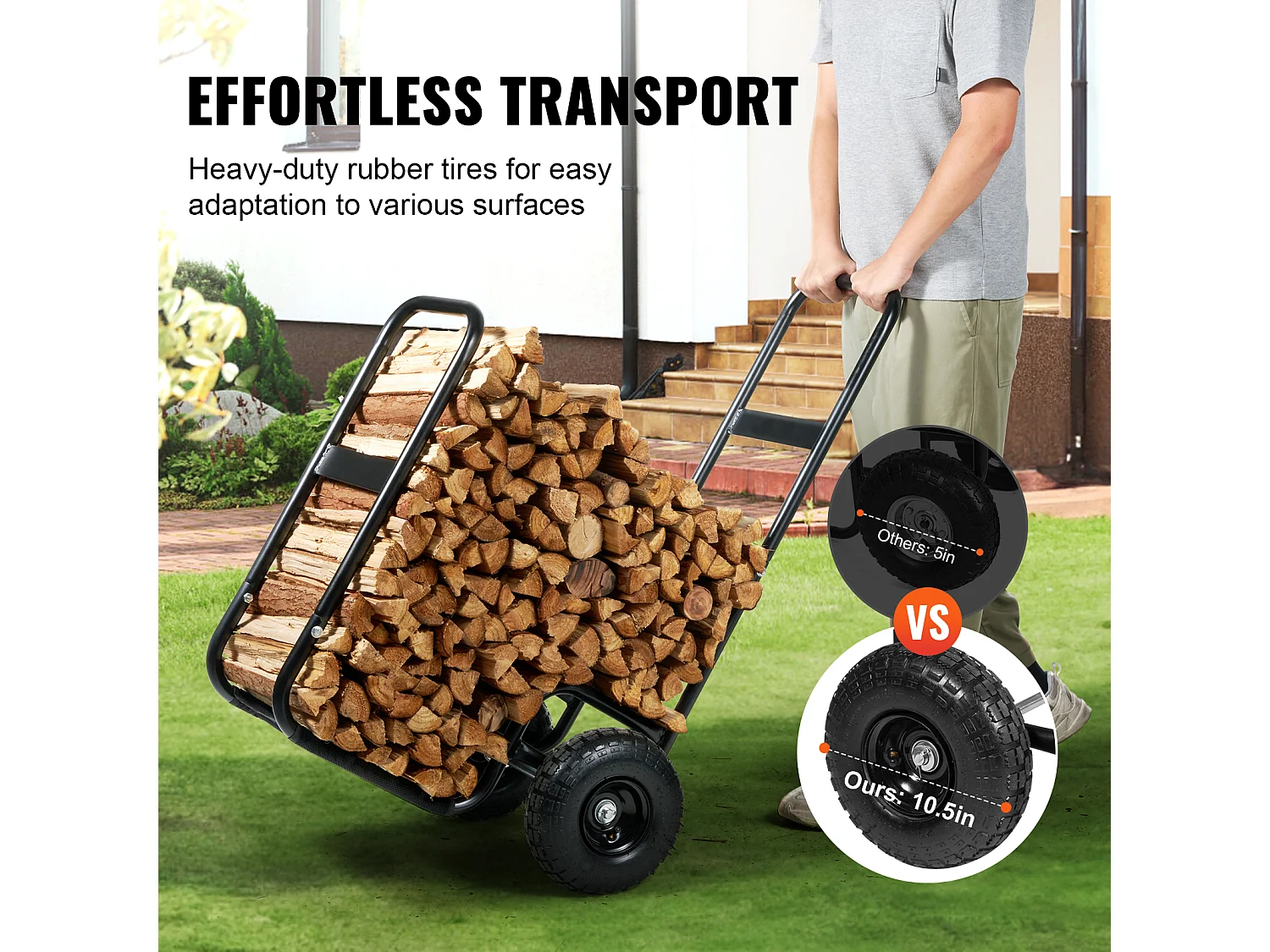 Chariot à Bûches, SucceBuy Chariot à Bois de Chauffage en Acier de 113 kg, Intérieur/Extérieur, Roues Pneumatiques, Chariot à Bois, Porte-Cheminée/Fosse, Noir