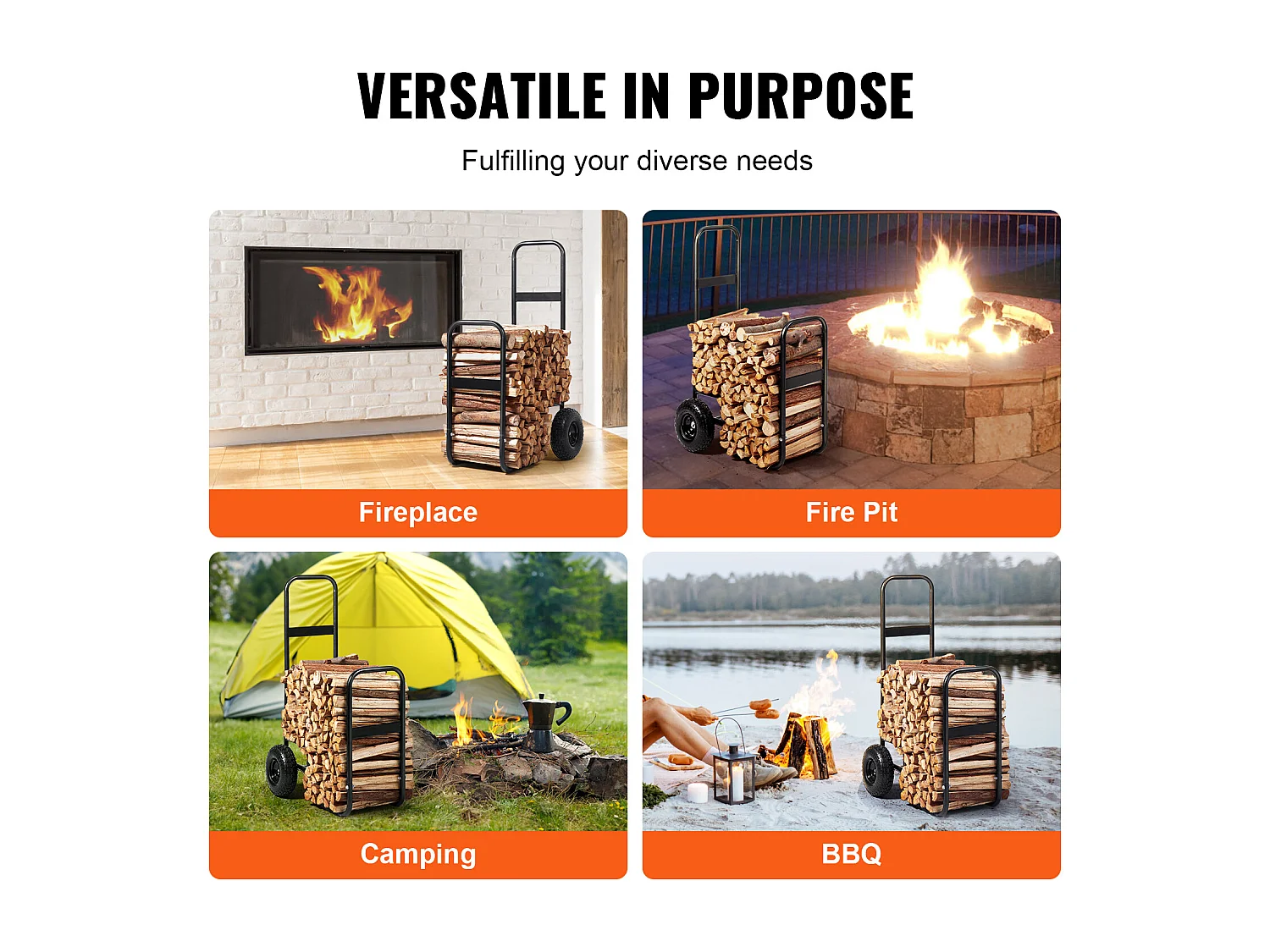 Chariot à Bûches, SucceBuy Chariot à Bois de Chauffage en Acier de 113 kg, Intérieur/Extérieur, Roues Pneumatiques, Chariot à Bois, Porte-Cheminée/Fosse, Noir