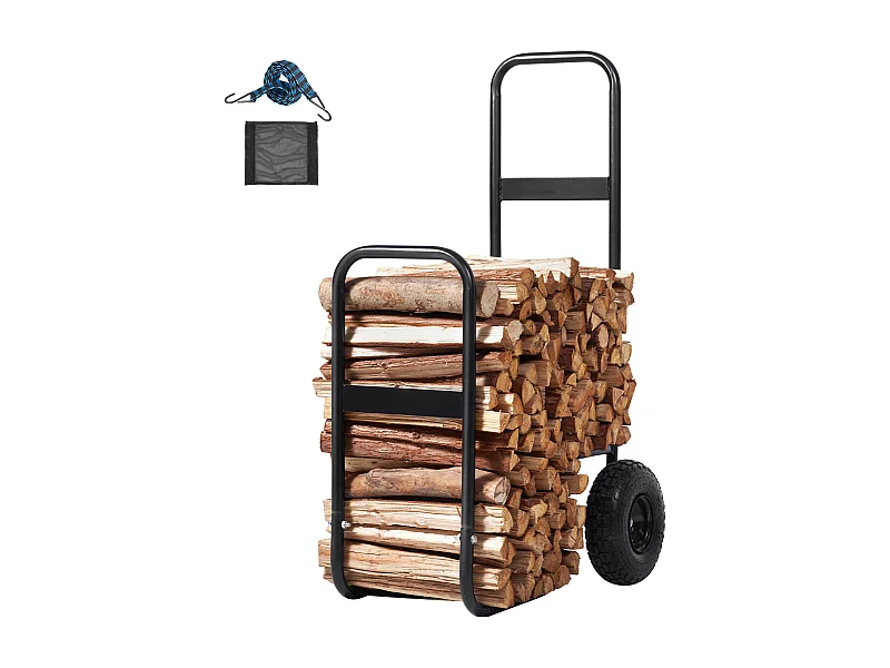 Houtkruiwagen, SucceBuy Stalen Houtkruiwagen voor 113 kg Brandhout, Binnen/Buiten, Luchtbanden, Houttransportwagen, Haard-/Vuurplaatsdrager, Zwart