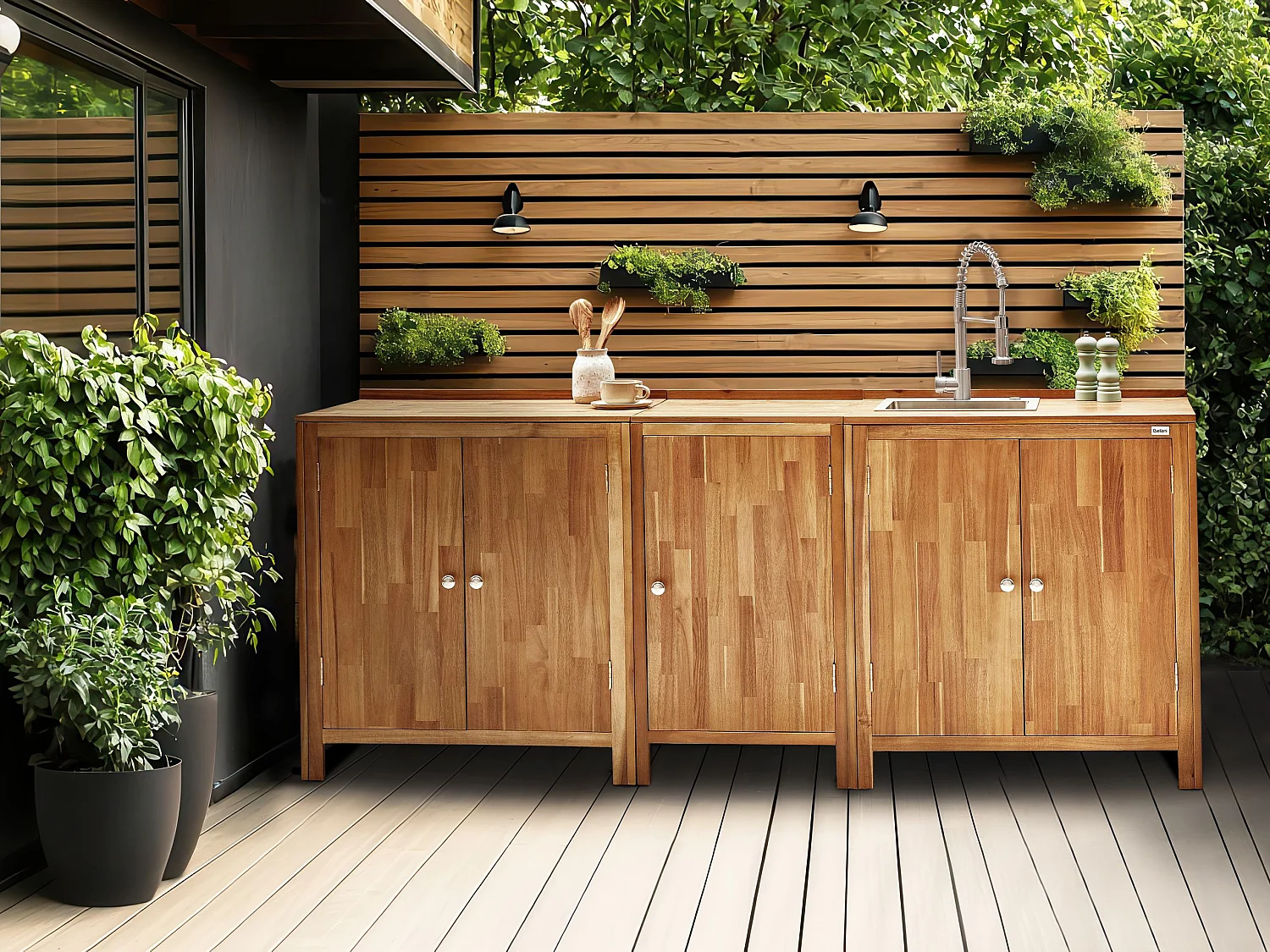Cuisine d'extérieur 3 pièces avec évier VENOSA Acacia Marron/argenté