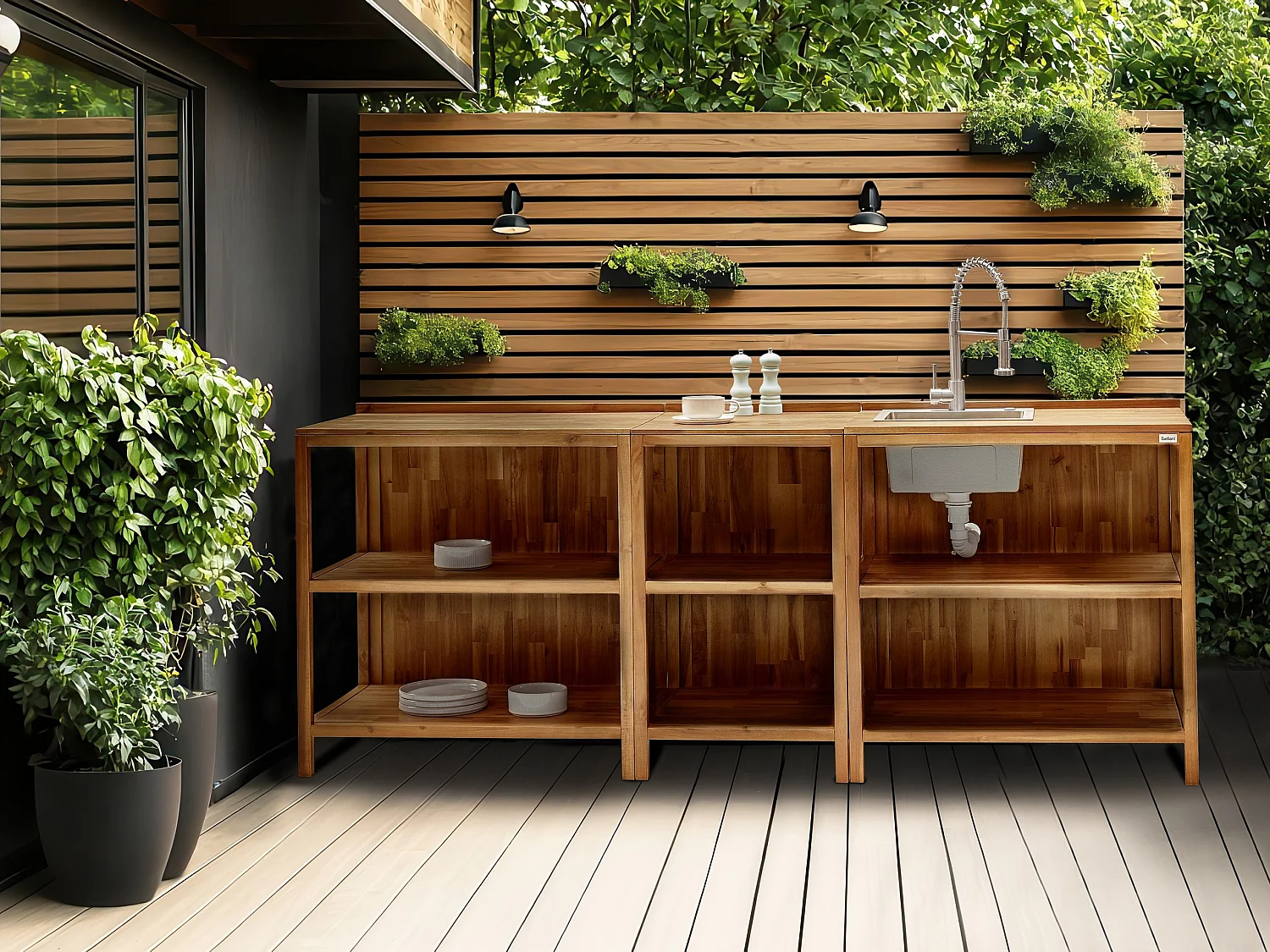 Outdoor-Kücheninsel 3-teilig Akazienholz braun/silber mit Spüle Armatur Venosa