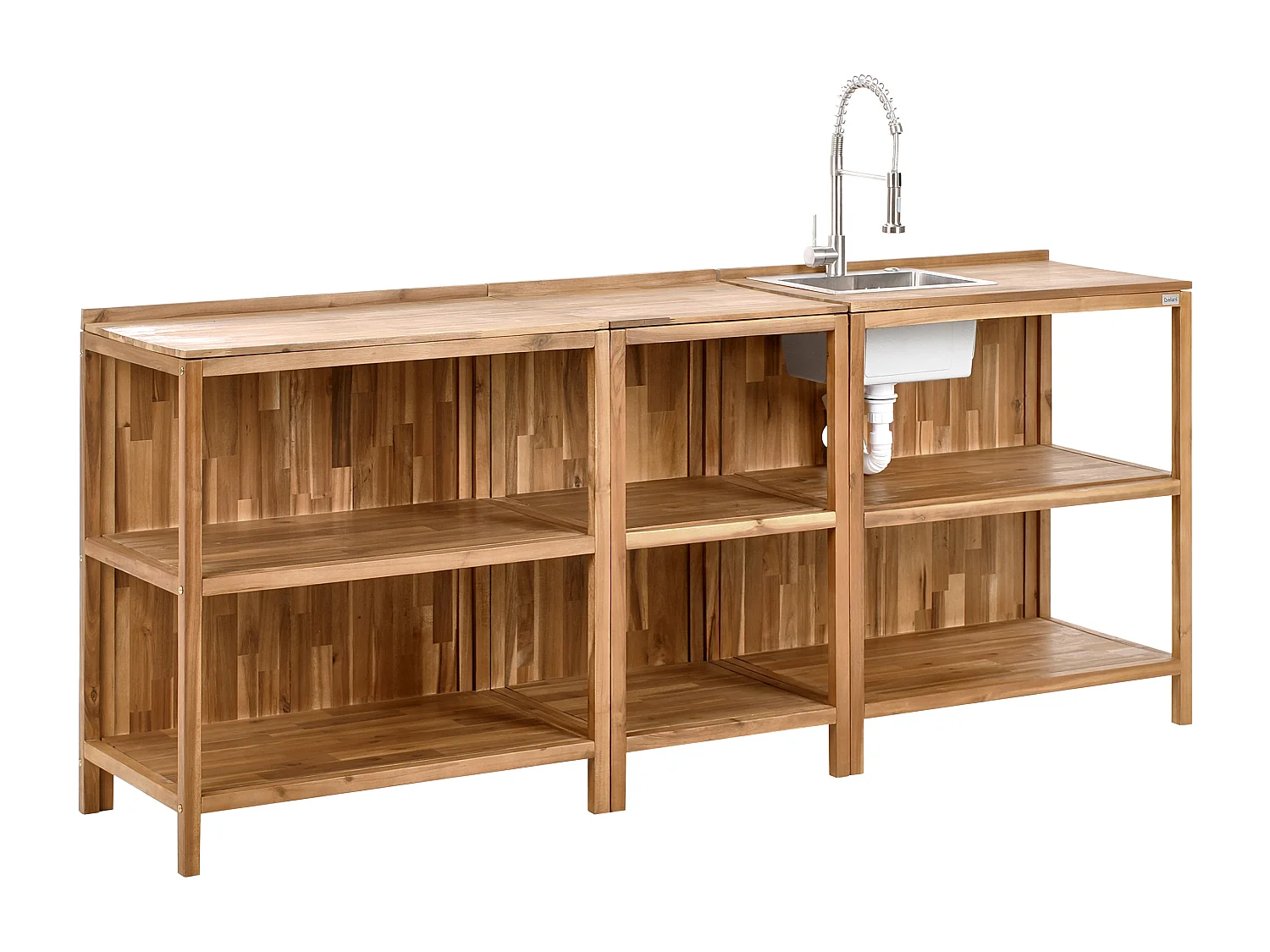 Outdoor-Kücheninsel 3-teilig Akazienholz braun/silber mit Spüle Armatur Venosa