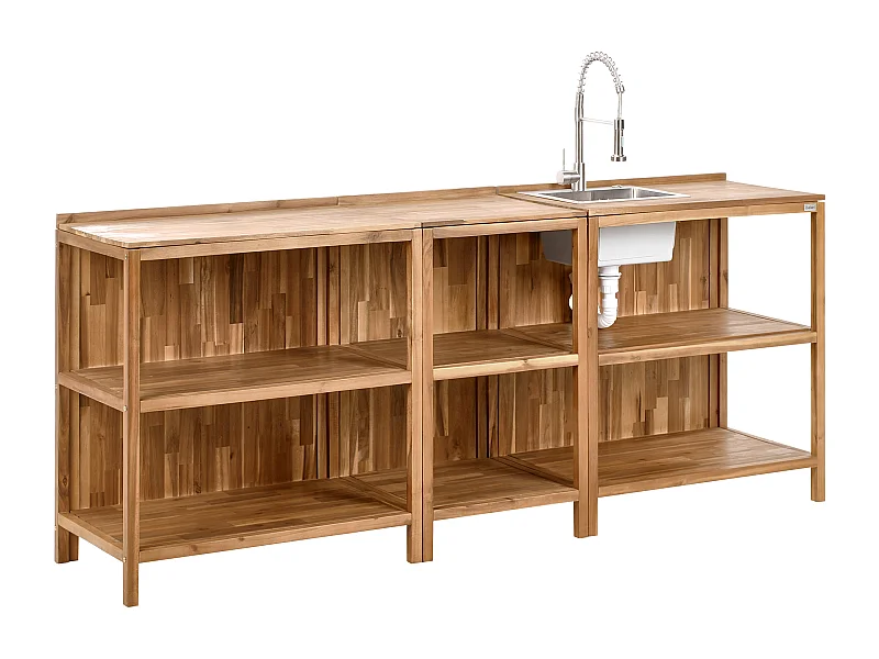 Outdoor-Kücheninsel 3-teilig Akazienholz braun/silber mit Spüle Armatur Venosa