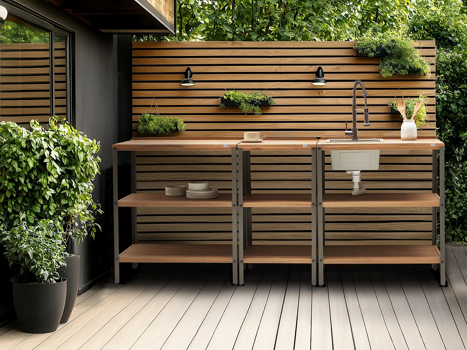 Outdoor-Kücheninsel 3-teilig zertifiziertes Holz braun/schwarz mit Spüle Ivrea
