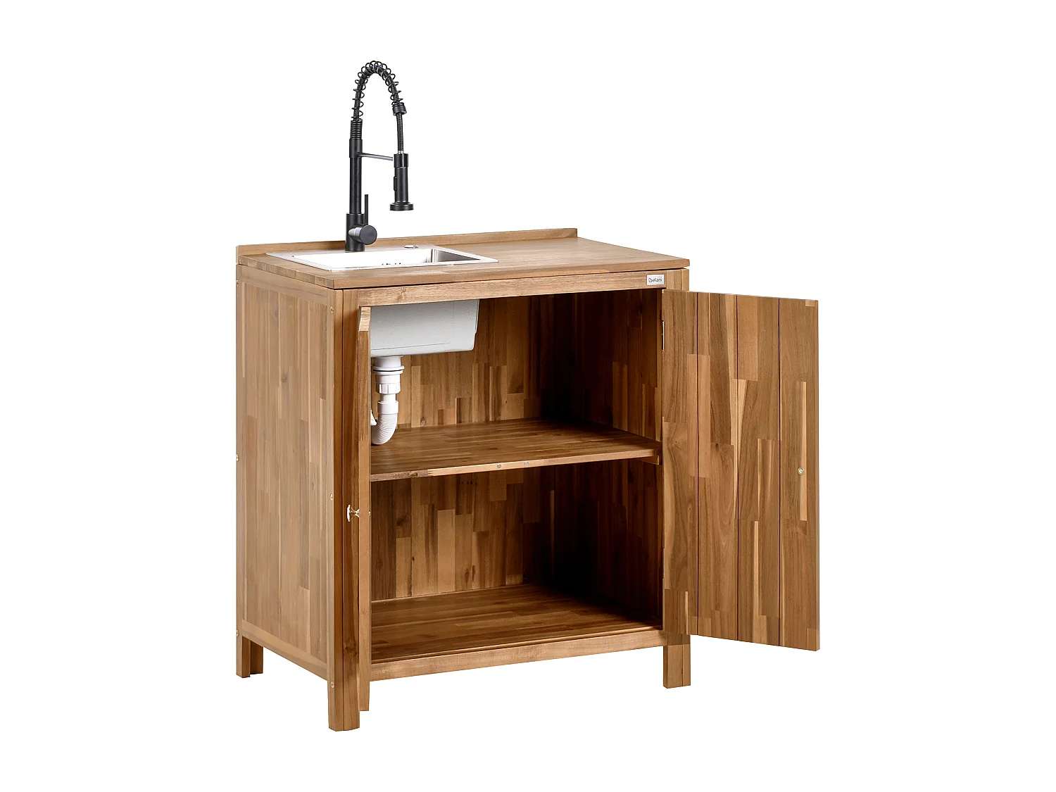Outdoor-Küchenschrank Akazienholz braun/schwarz mit Türen Spüle Armatur Venosa