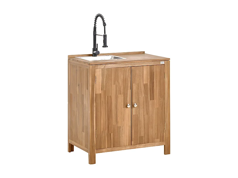 Outdoor-Küchenschrank Akazienholz braun/schwarz mit Türen Spüle Armatur Venosa