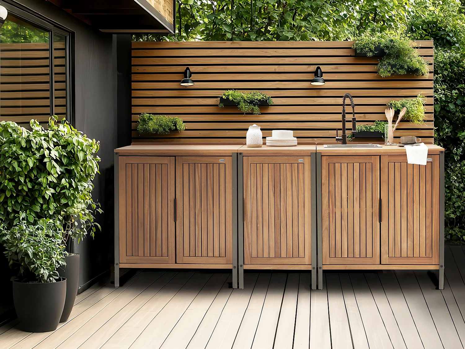 Cuisine d'extérieur 3 pièces avec évier IVREA Bois d'acacia certifié Marron/noir
