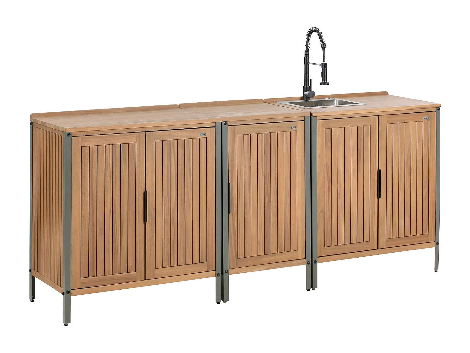 Outdoor-Küchenschrank 3-teilig zertifiziertes Holz braun/schwarz mit Spüle Ivrea