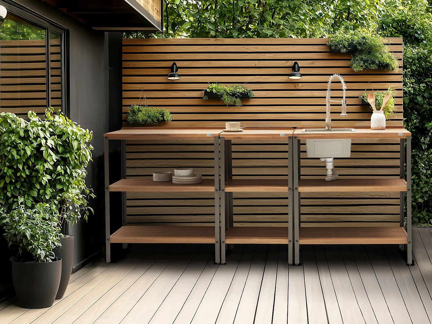 Set cucina da esterno 3 elementi con lavello IVREA Legno di acacia certificato Marrone/ Argento