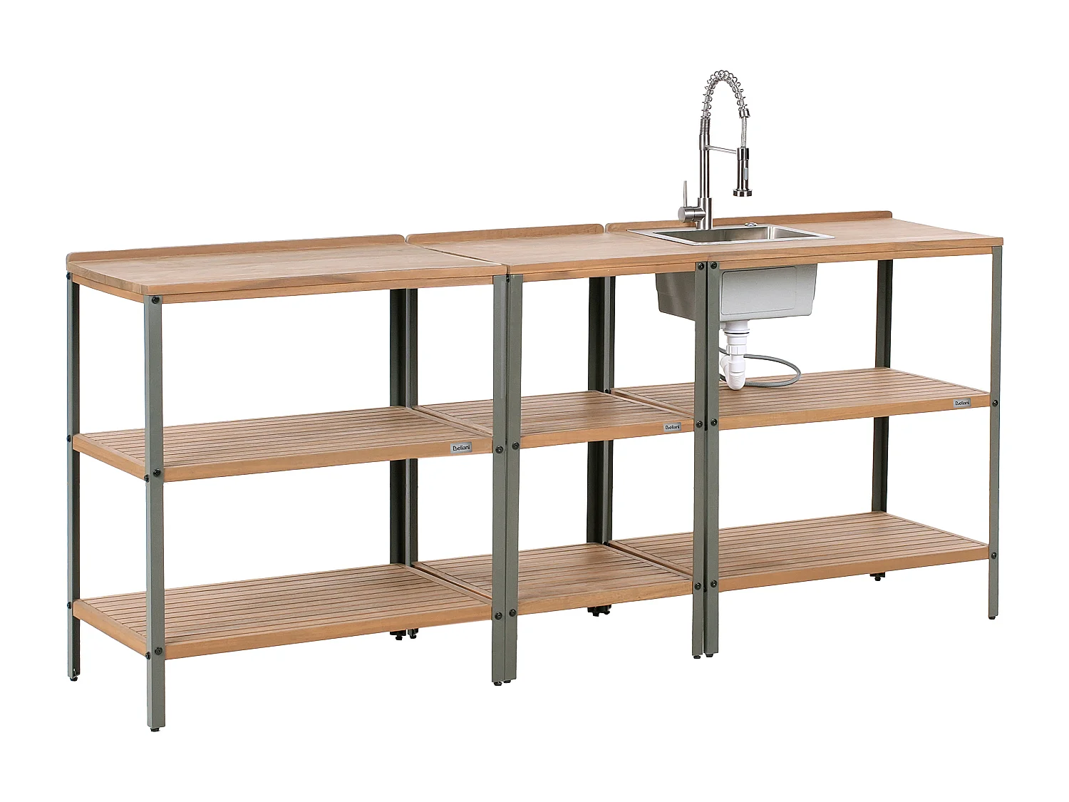 Outdoor-Kücheninsel 3-teilig zertifiziertes Holz braun/silber mit Spüle Ivrea